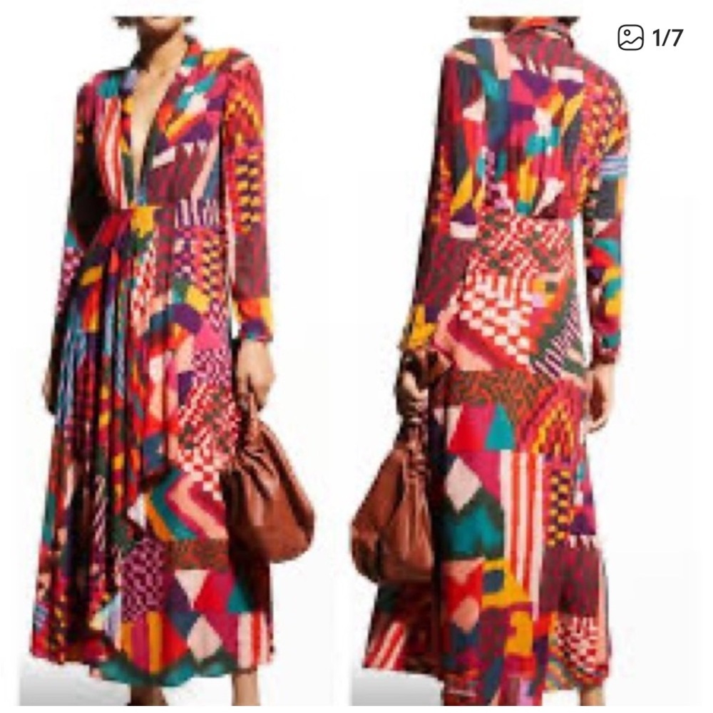 Farm Rio Red Abstract Patches Maxi Dress V Neck Collar Long Sleeve Size Small